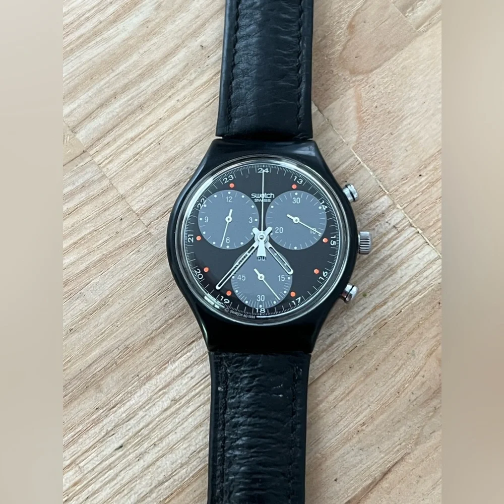 Swatch Chronograph 1991 Wall Street Super Rare Vintage Watch Black Dial Leather